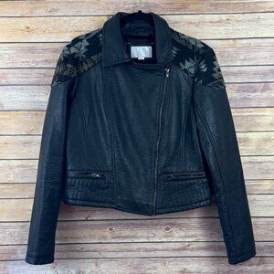 Women’s Black Crinkled Faux Leather Moto Jacket Aztec Shoulders L